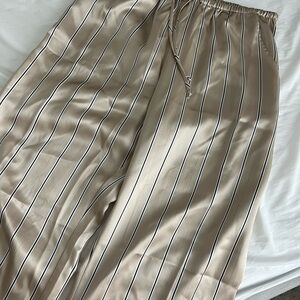 DONNI. Beige Silk pants with Black Pinstripes